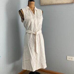H&M White NWT Sleeveless Notched Collar Midi Shirt Dress w/Belt Women Size 8